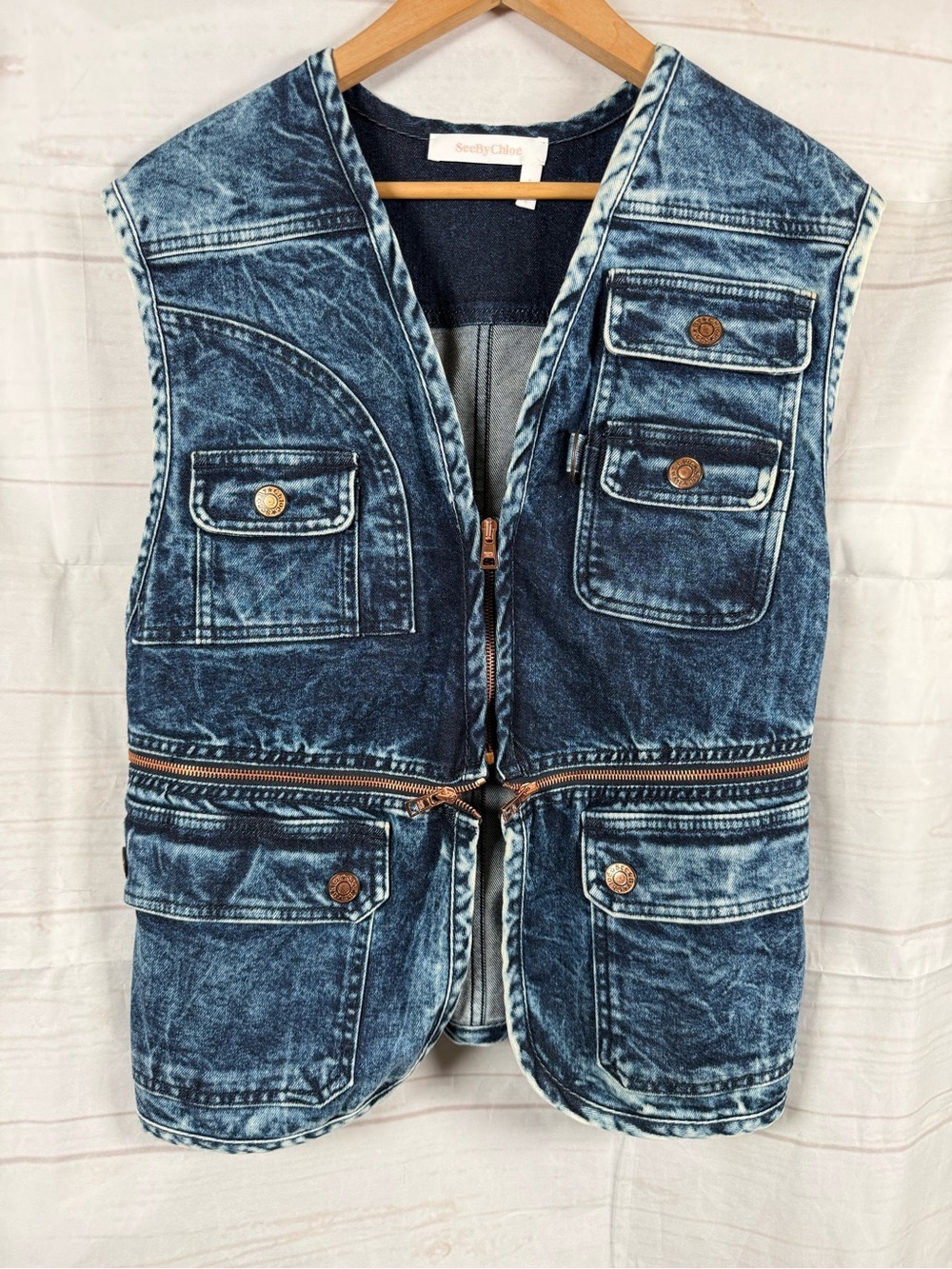 SEE BY CHLOE Denim Vest Zip Faded Indigo Size IT 36)  fits like M